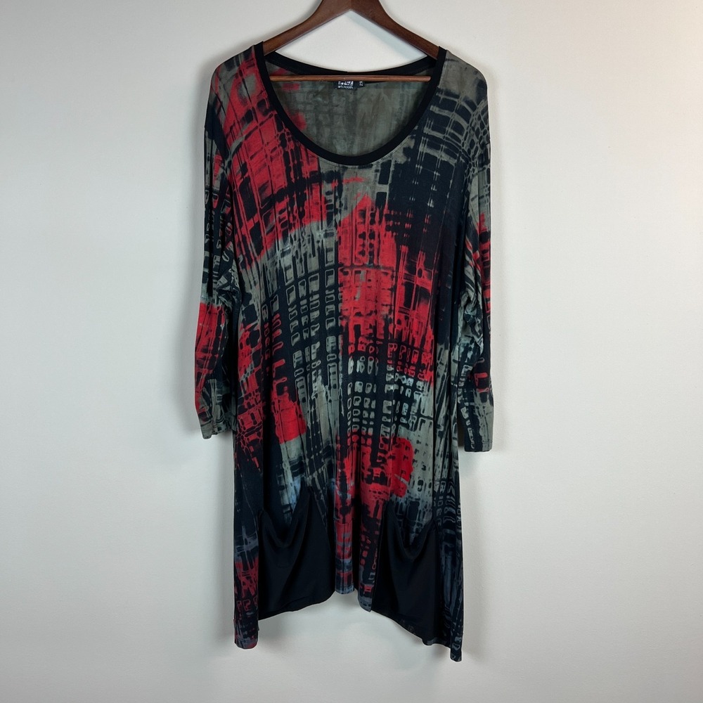 Art of Cloth Tunic Top Womens 2X Black Red Gray Printed Long Sleeve Pockets USA